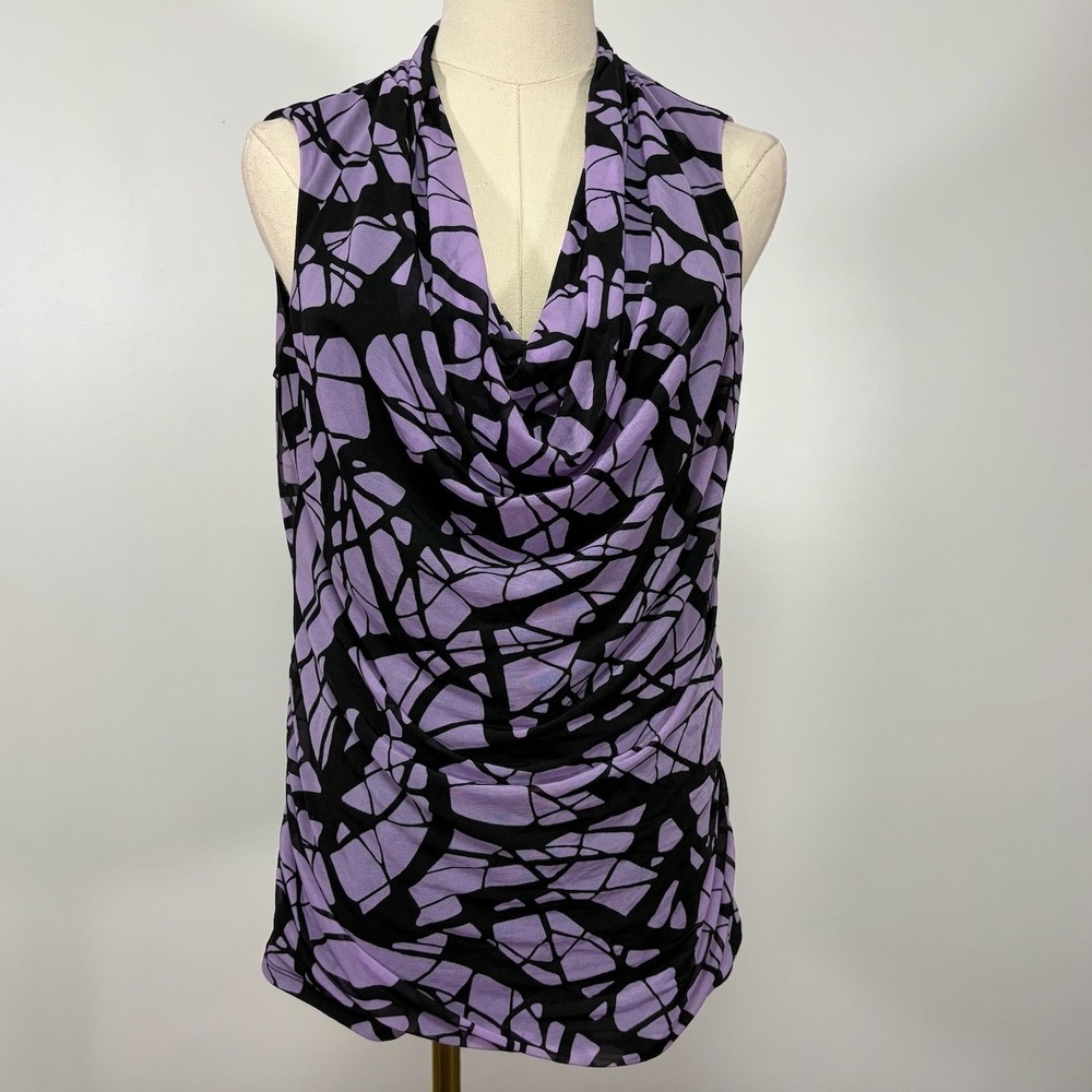 Dana Buchman Purple & Black Abstract Mosaic Cowl Neck Sleeveless Blouse